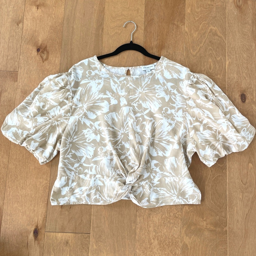 Marc New York Jeans Tan Floral Twist Front Puff Sleeve Blouse Top Large